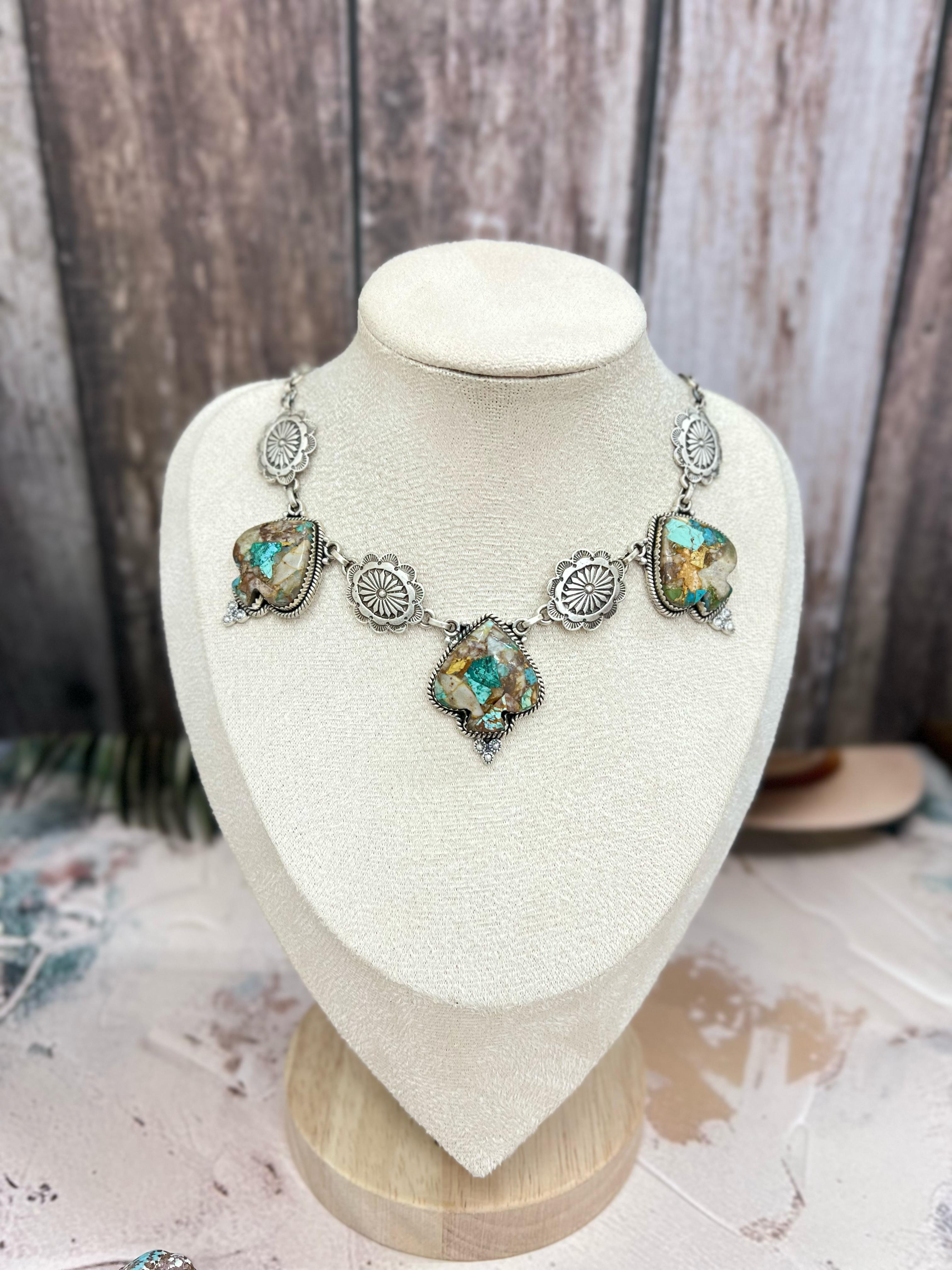 Handmade Sterling Silver White Buffalo, Royston Turquoise, Dahlia Rose Necklace, Signed Nizhoni