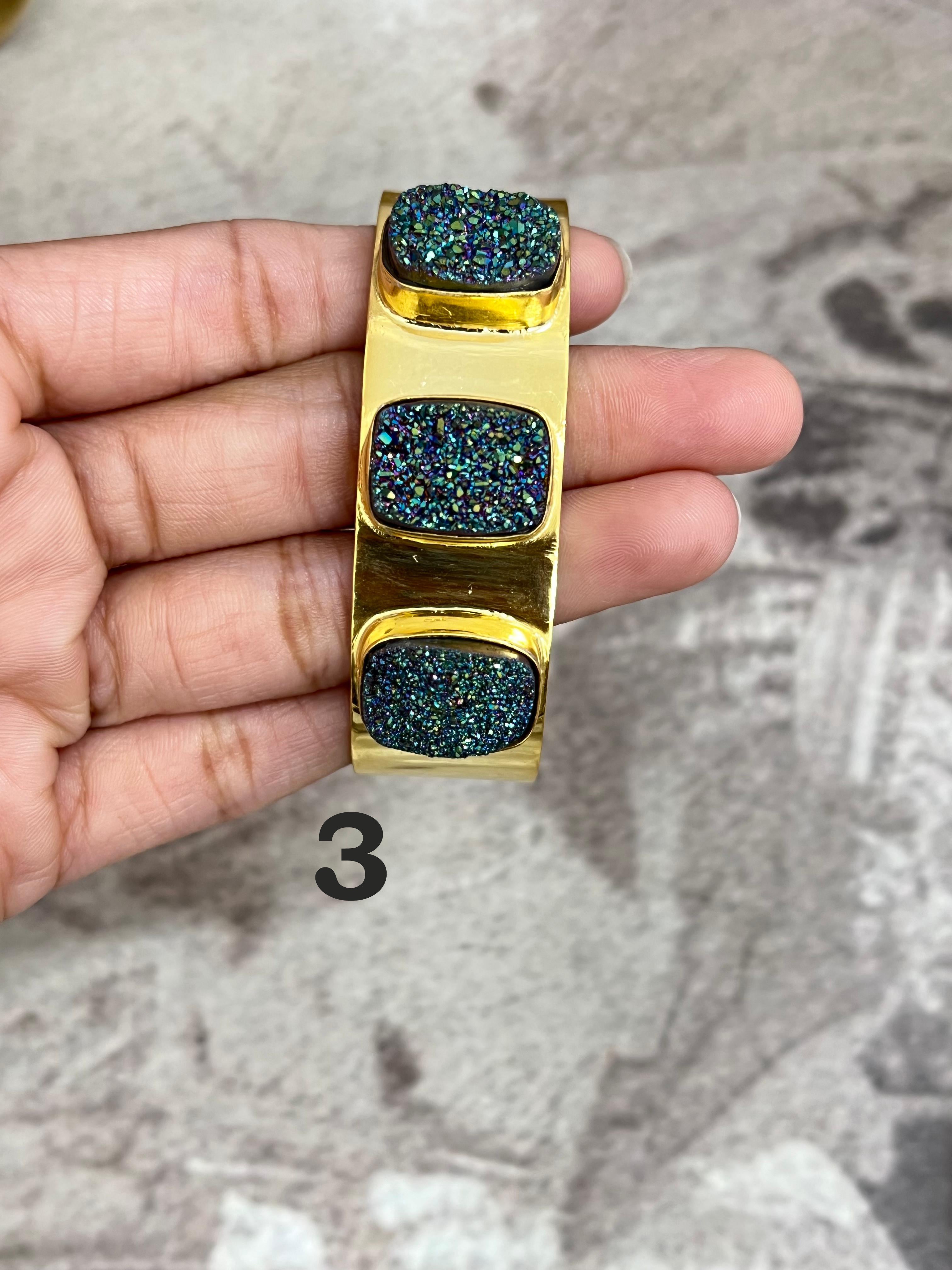 “The Boho Collection” Handmade Natural Gold Plated 3 Stone Druzy Wide Cuff Bracelet