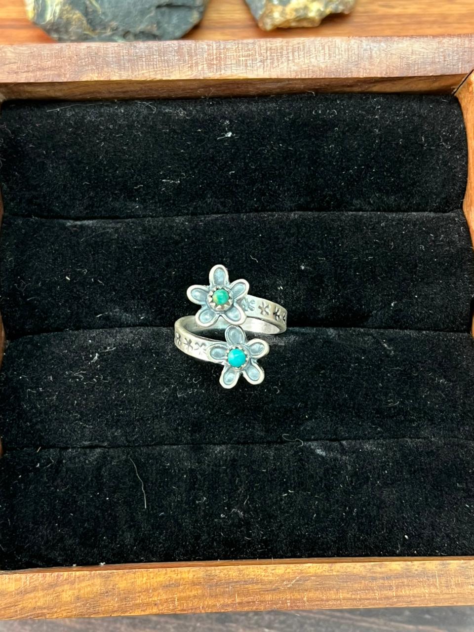 Handmade Sterling Silver Flower Collection: Kingman Turquoise Adjustable Ring "Signed Nizhoni" (2)