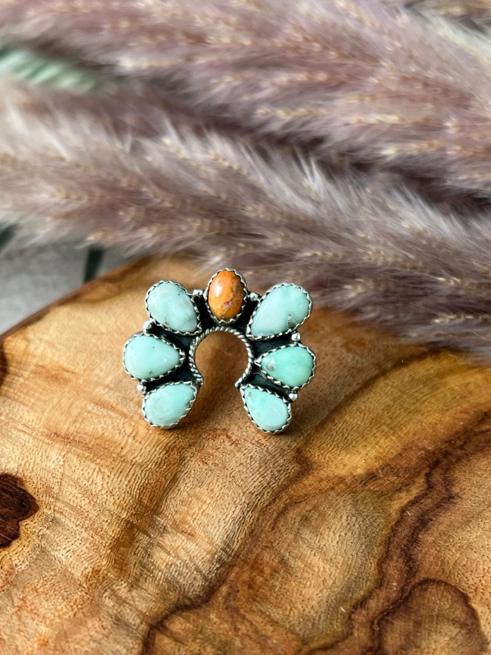 Handmade Sterling Silver Paloma Turquoise with Orange Mojave Adjustable Ring "Signed Nizhoni"