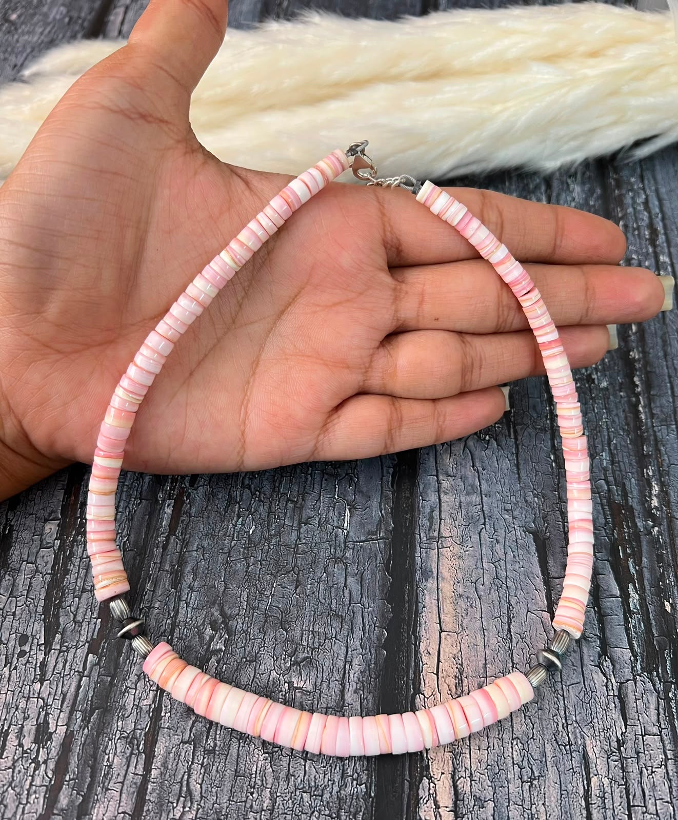 Handmade Sterling Silver Queen Pink Conch Collection: Beaded Necklace Signed Nizhoni (2)