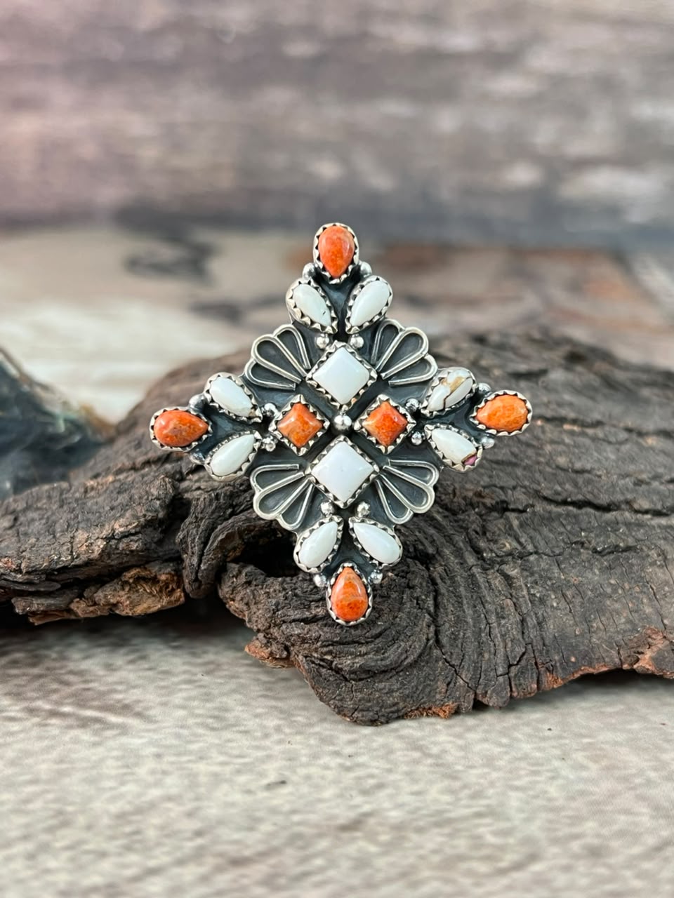 Handmade Sterling Silver Orange Mojave with White Buffalo Adjustable Ring Signed Nizhoni