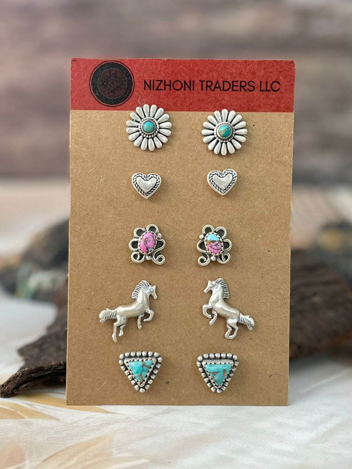 Handmade Sterling Silver Mint Dahlia with Cotton Candy and Kingman Turquoise Post Studs Card Set