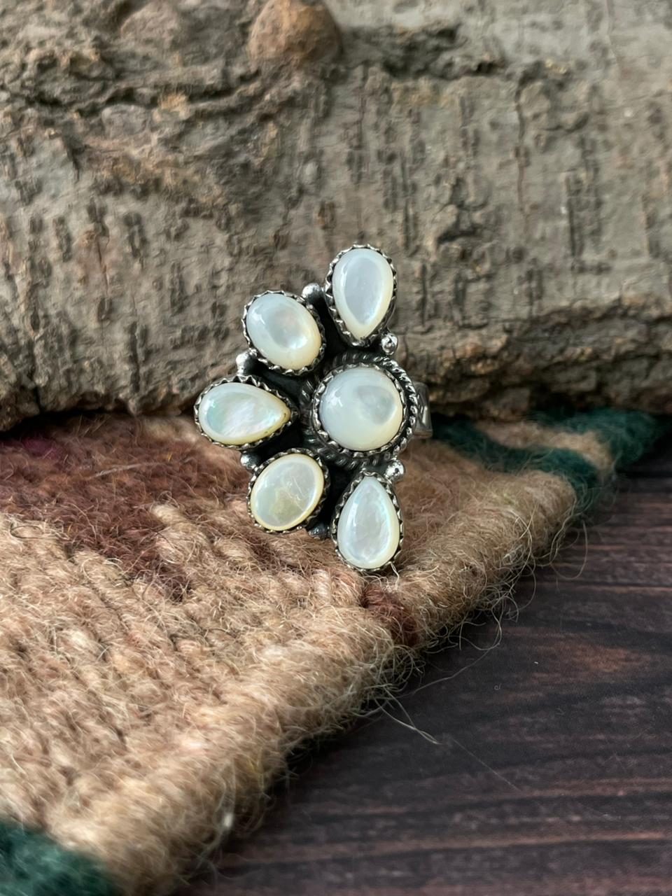 Handmade Sterling Silver Wedding Collection: Mother of Pearl Adjustable Ring "Signed Nizhoni"