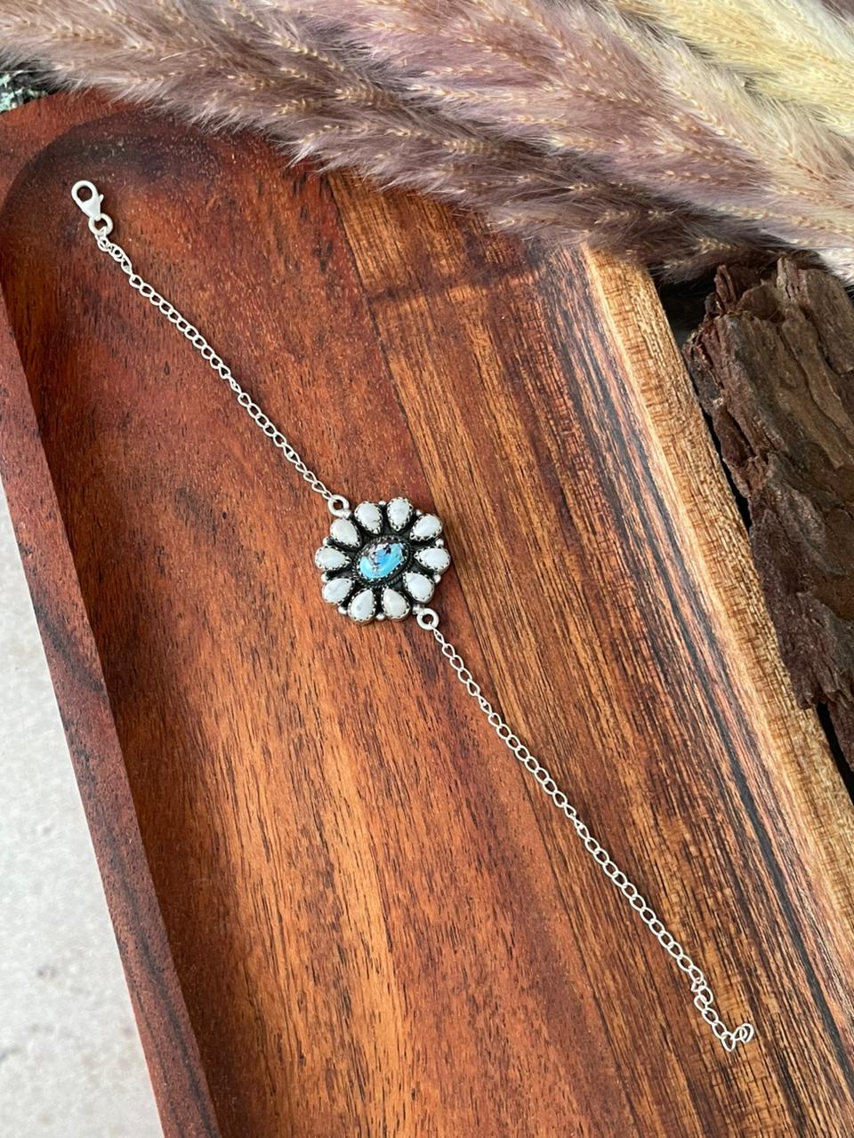 Handmade Sterling Silver Canyon Sunset Collection: Golden Hills Turquoise with White Buffalo Bracelet "Signed Nizhoni"