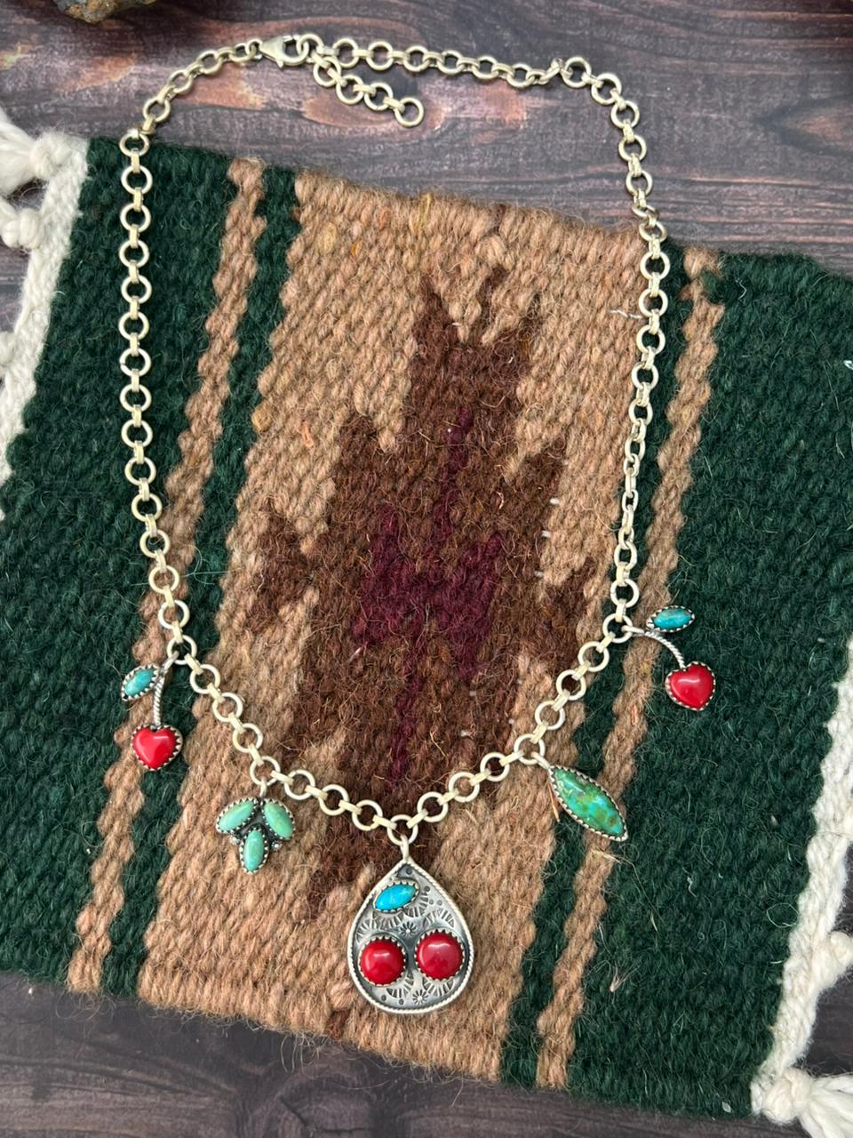 Handmade Sterling Silver Kingman with Sonoran Mountain Turquoise and Rosarita Cherry Necklace "Signed Nizhoni"