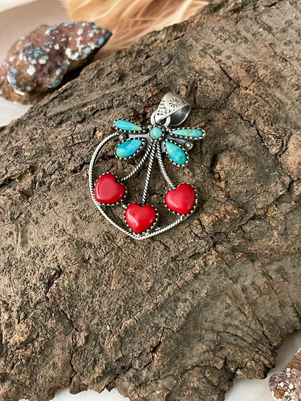 Handmade Sterling Silver Rosarita with Kingman Turquoise Cherry Pendant "Signed Nizhoni"