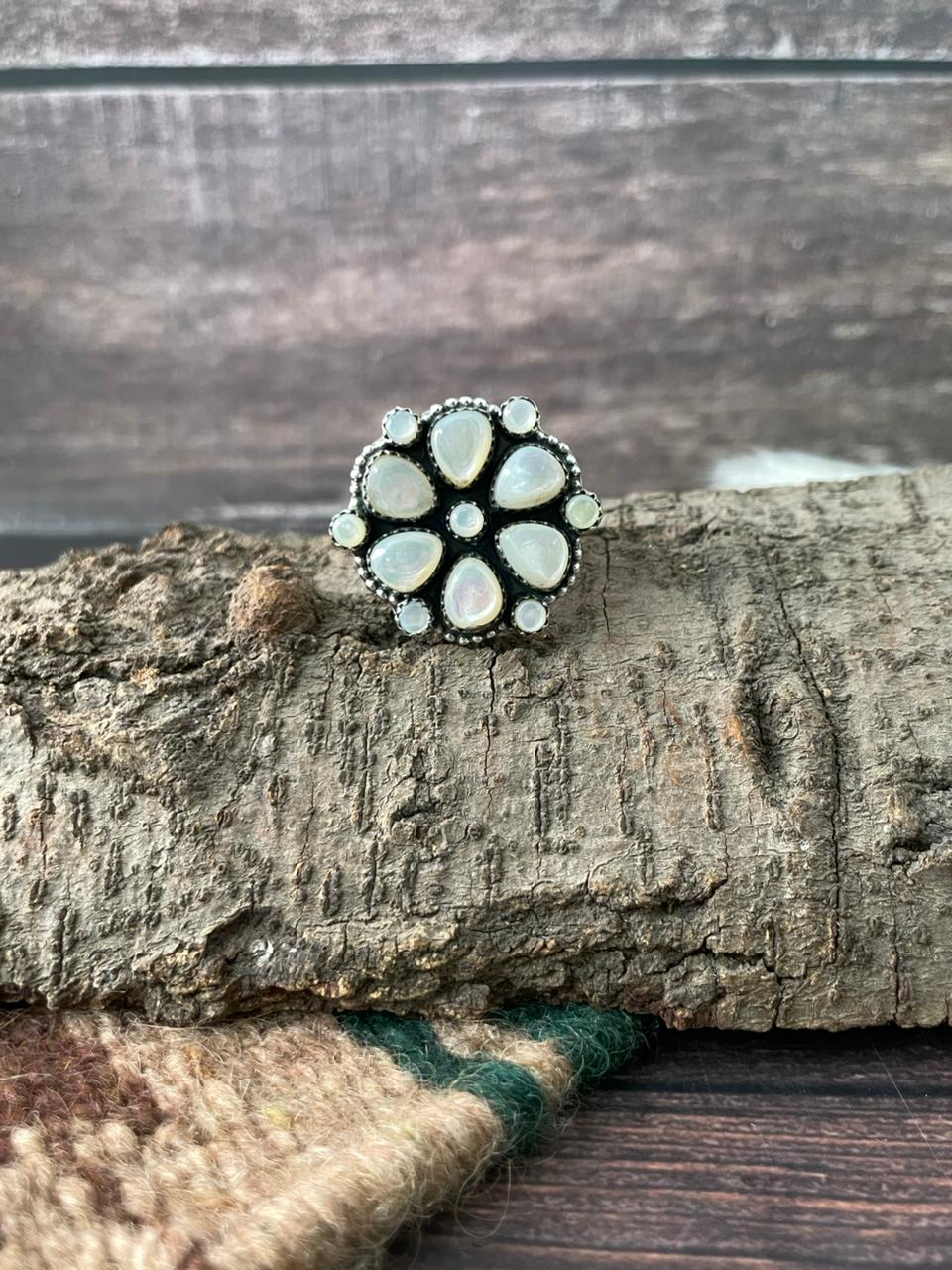 Handmade Sterling Silver Wedding Collection: Mother of Pearl Adjustable Ring "Signed Nizhoni"