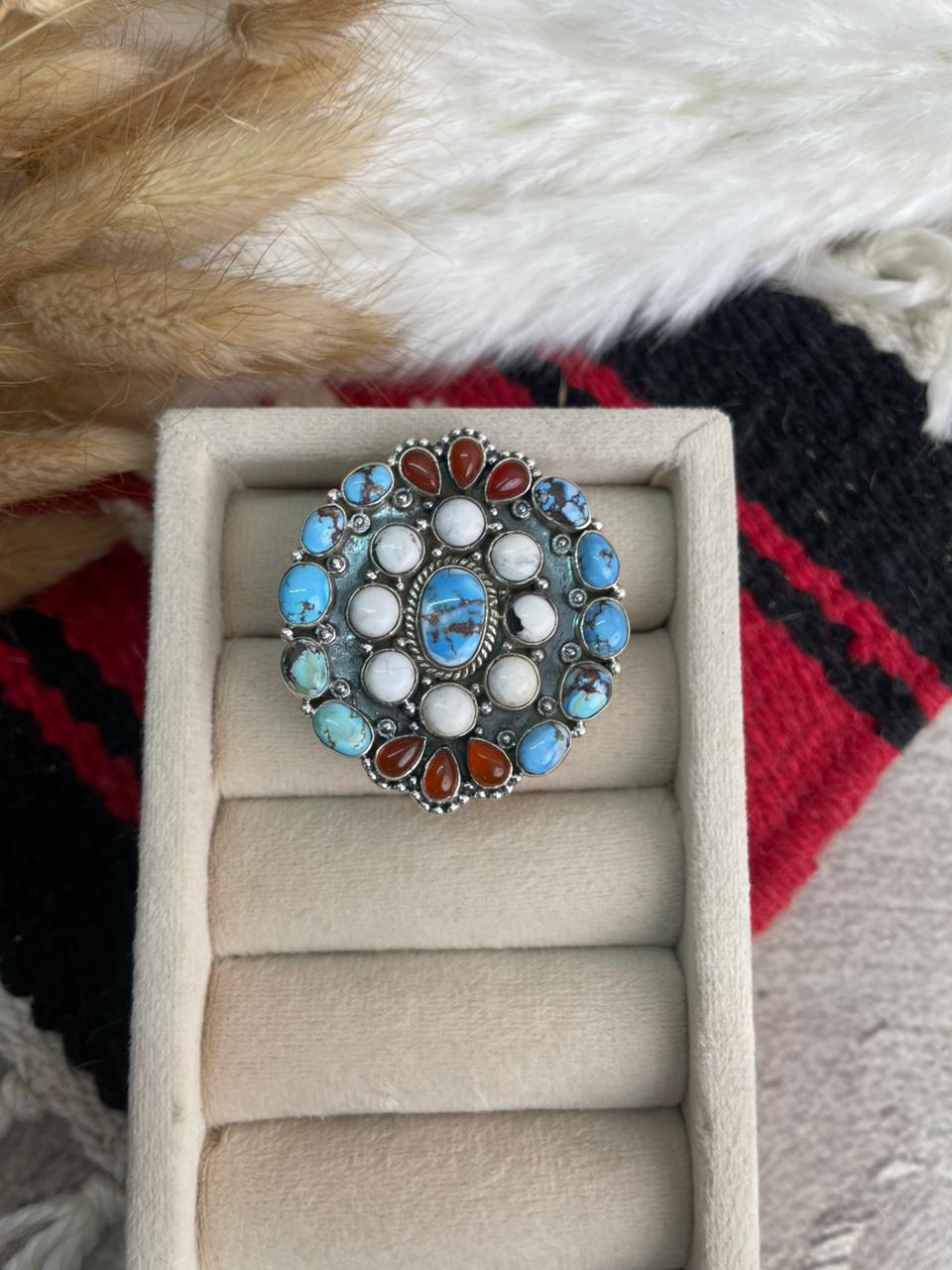 Handmade Sterling Silver Canyon Sunset Collection: Golden Hills Turquoise with White Buffalo and Carnelian Adjustable Ring "Signed Nizhoni"