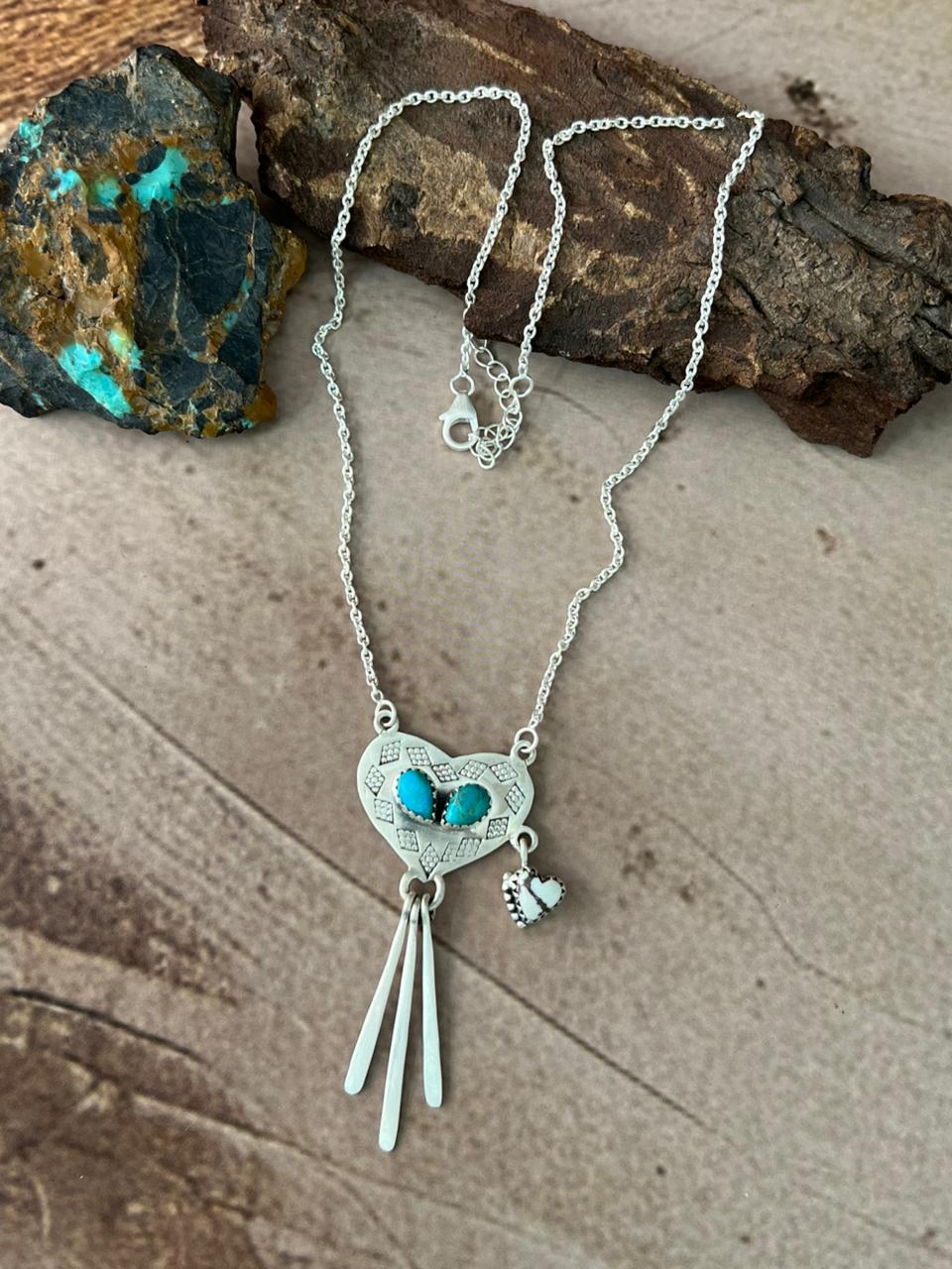 Handmade Sterling Silver Mama Collection: Wild horse Magnesite with Kingman Turquoise Heart Necklace "Signed Nizhoni"
