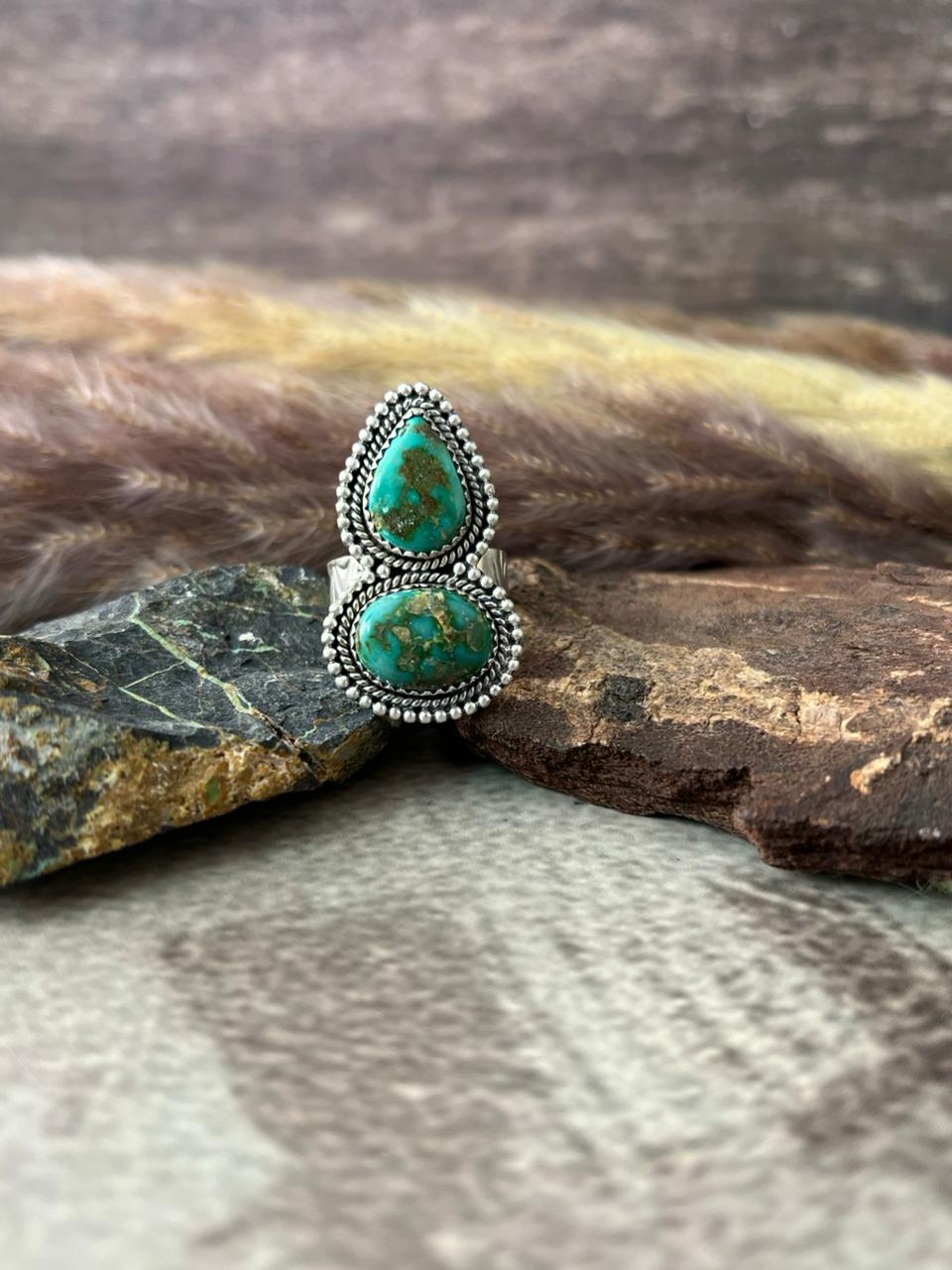 Handmade Sterling Silver Sonoran Mountain Turquoise Adjustable Ring "Signed Nizhoni"
