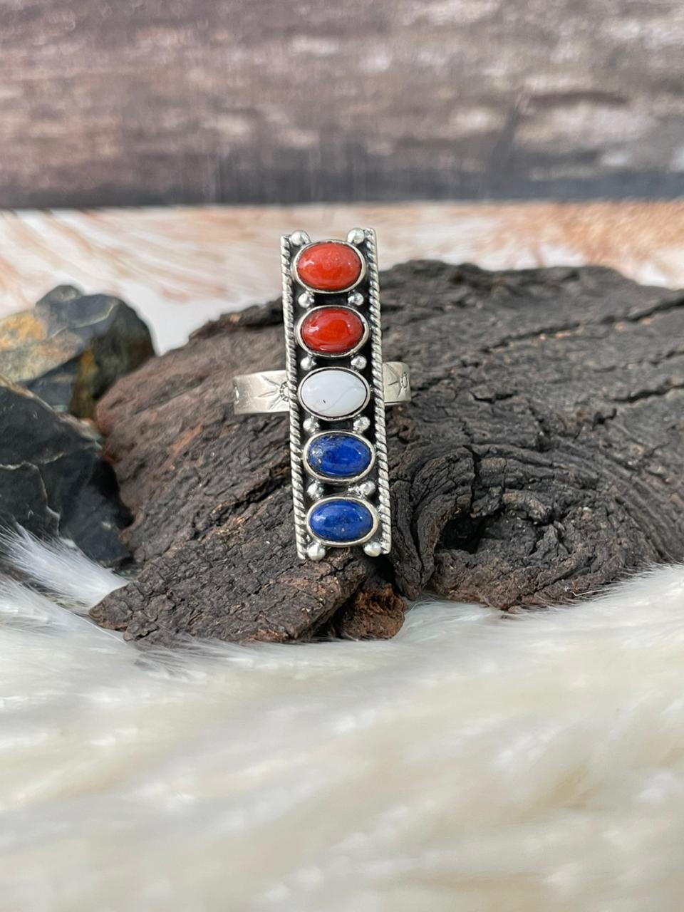 Handmade Sterling Silver 4th Of July Collection: Coral with Lapis and White Buffalo Adjustable Ring "Signed Nizhoni" (6)