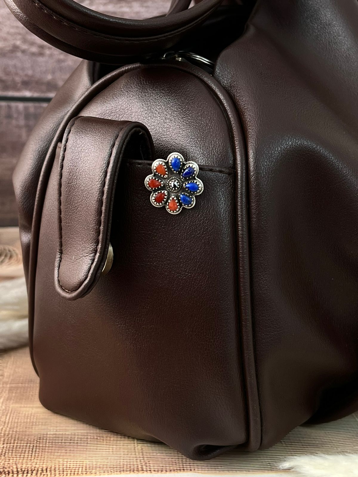 Handmade Sterling Silver 4th Of July Collection: Coral with Lapis and White Buffalo Purse Pin "Signed Nizhoni"