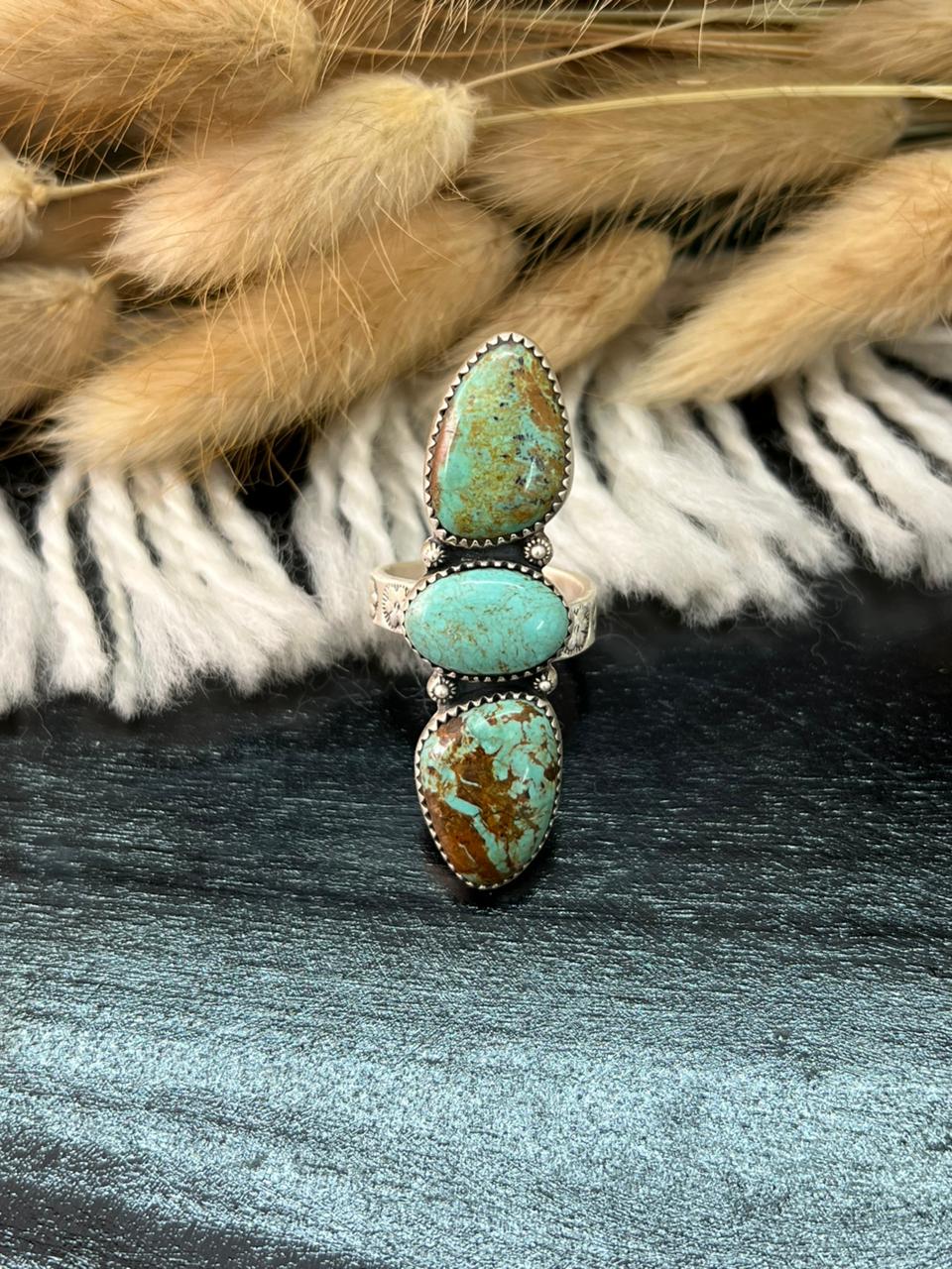 Handmade Sterling Silver Baja Turquoise Collection: Adjustable Ring "Signed Nizhoni" (9)