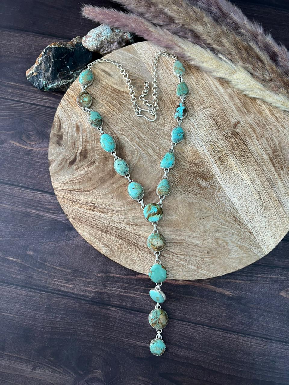Handmade Sterling Silver Baja Turquoise Collection: 'Y Shaped' Necklace "Signed Nizhoni"