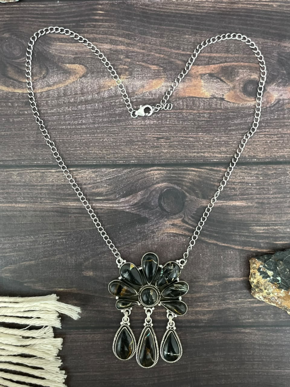Handmade Sterling Silver Blackjack Turquoise Collection: Necklace Signed Nizhoni