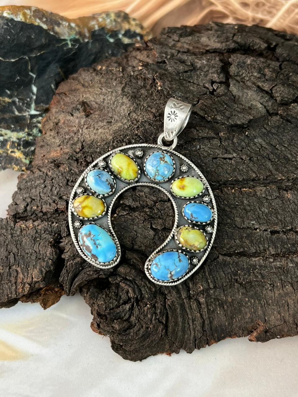 Handmade Sterling Silver Golden Hills with Palomino Turquoise Naja Pendant "Signed Nizhoni"