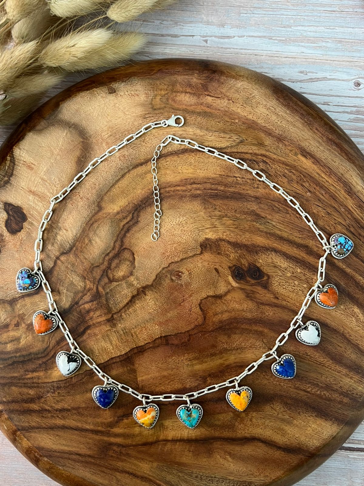 Handmade Sterling Silver Purple Copper with Bumblebee, Orange Mojave, Lapis, Kingman Turquoise and White Buffalo Heart Necklace "Signed Nizhoni"