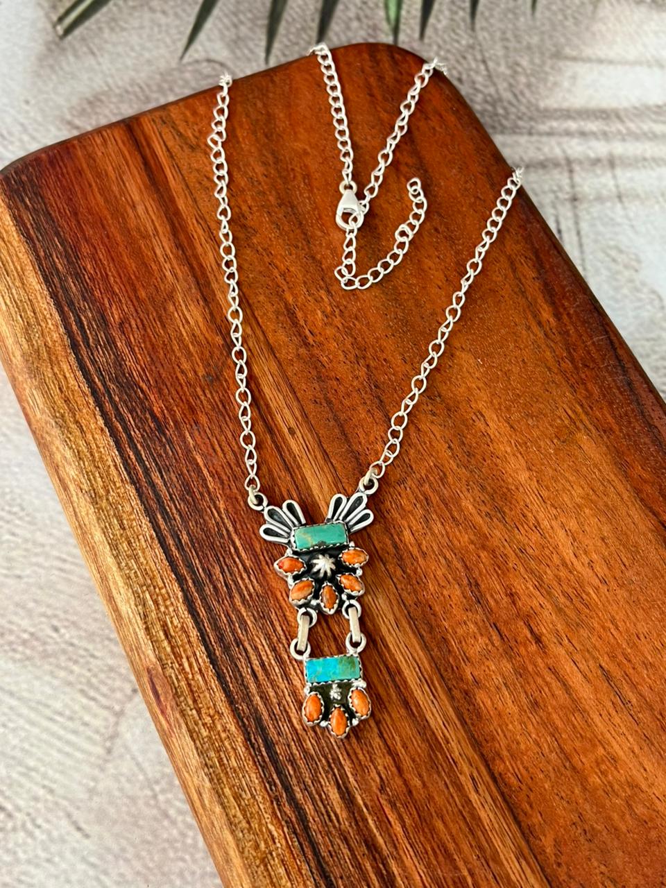 Handmade Sterling Silver Kingman Turquoise with Orange Mojave Necklace "Signed Nizhoni"