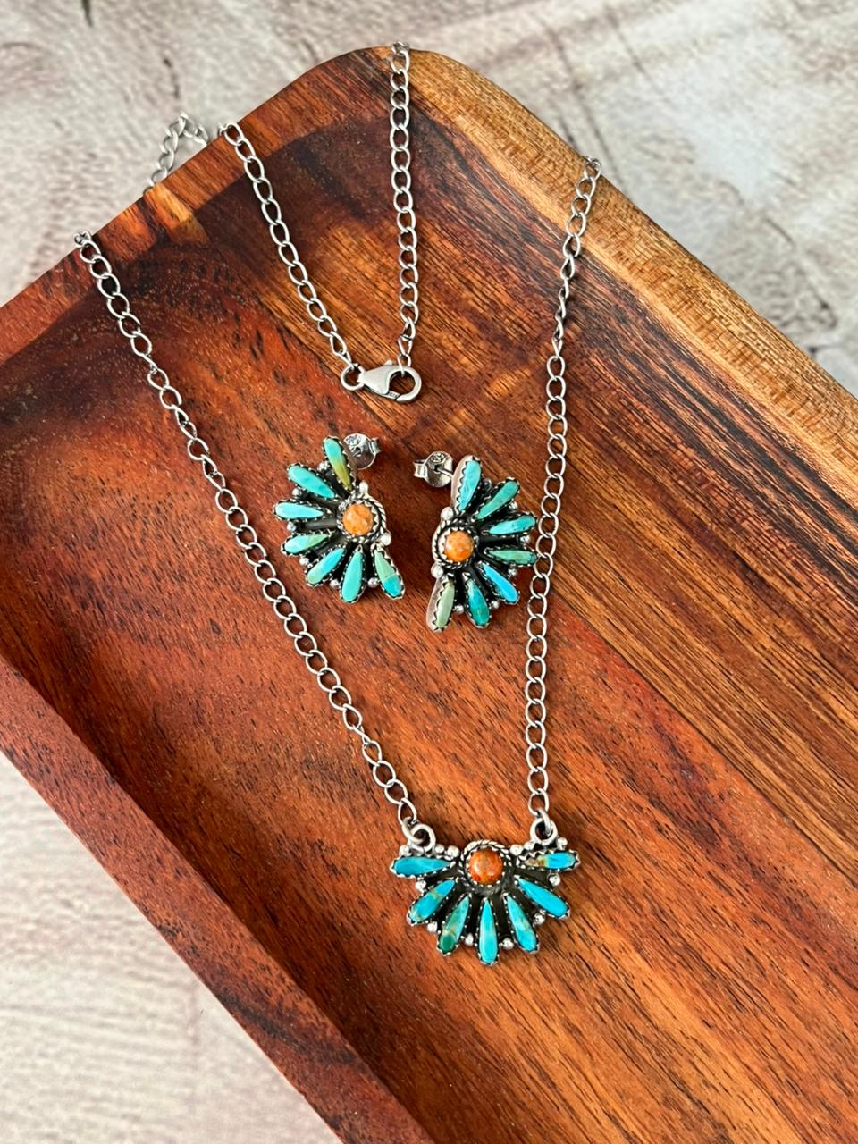 Handmade Sterling Silver Kingman Turquoise with Orange Mojave Necklace Earrings Set "Signed Nizhoni"