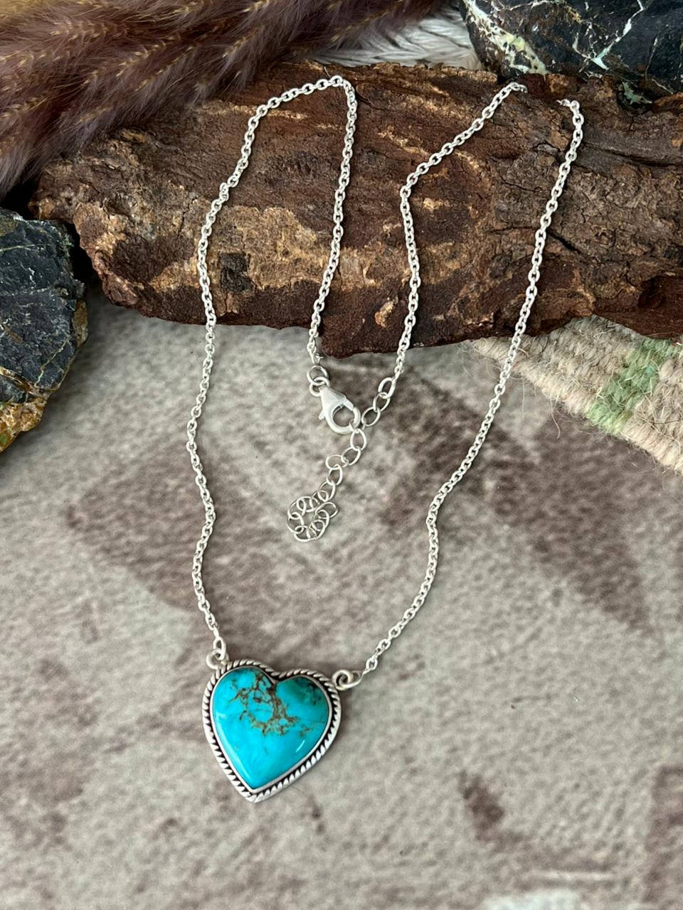 Handmade Sterling Silver Manassa Turquoise Collection: Heart Necklace "Signed Nizhoni"