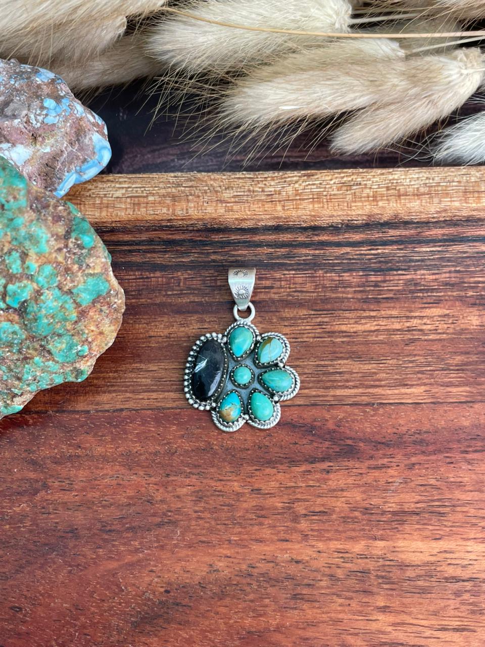 Handmade Sterling Silver Kingman Turquoise with White Buffalo Pendant "Signed Nizhoni"