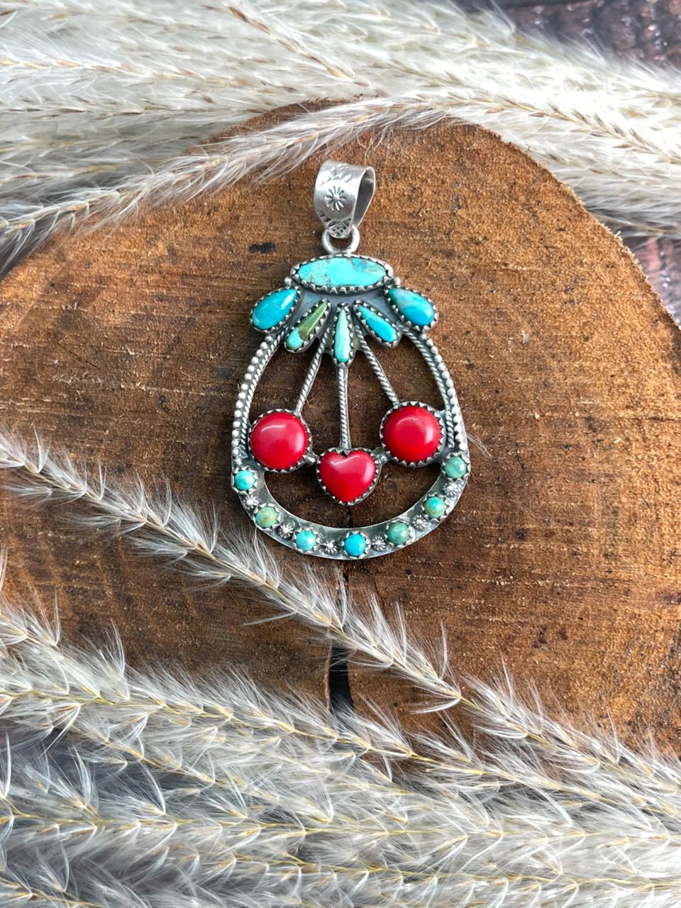 Handmade Sterling Silver Kingman with Rosarita and Sonoran Mountain Turquoise Cherry Pendant "Signed Nizhoni"
