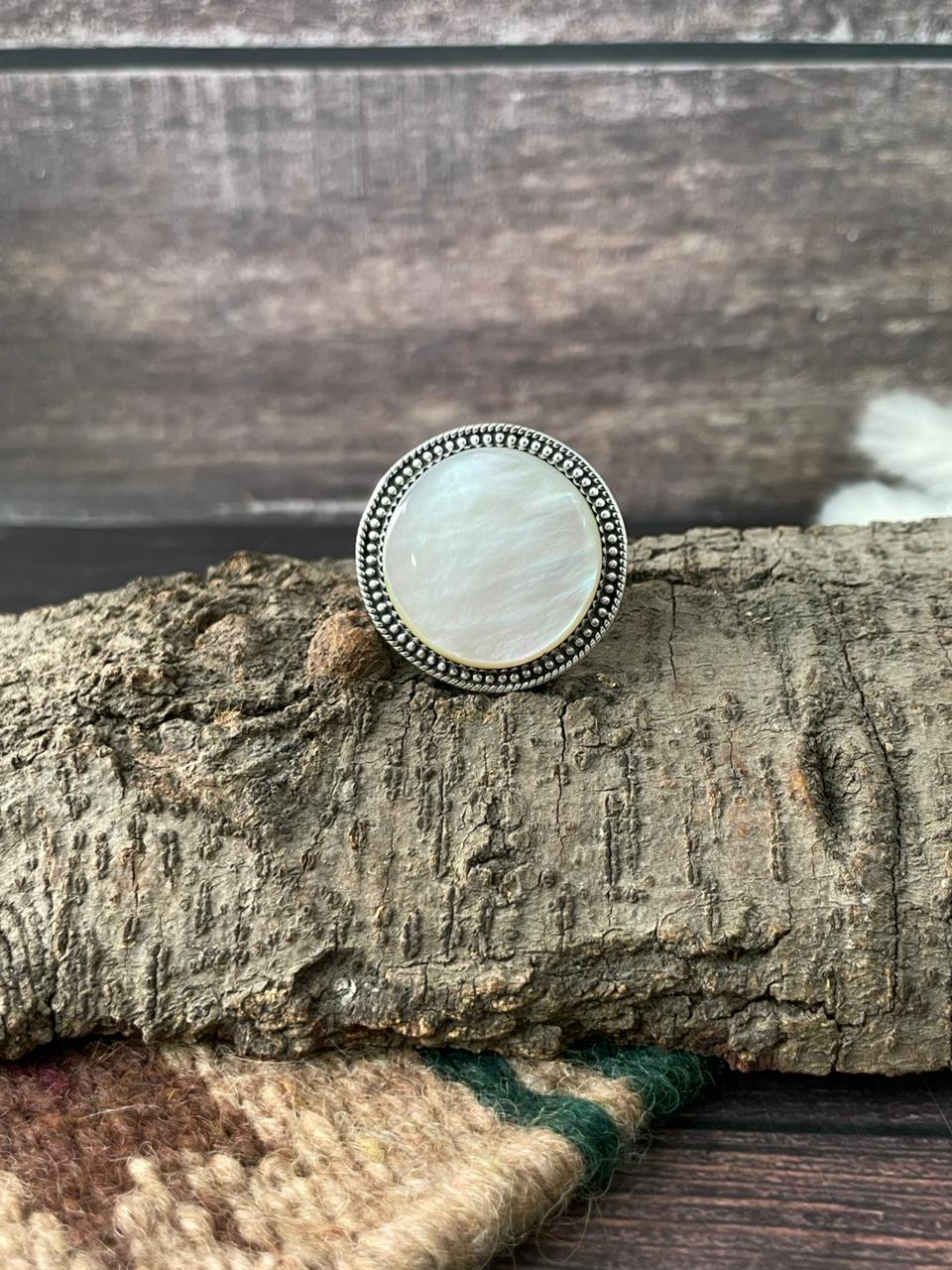 Handmade Sterling Silver Wedding Collection: Mother of Pearl Adjustable Ring "Signed Nizhoni"