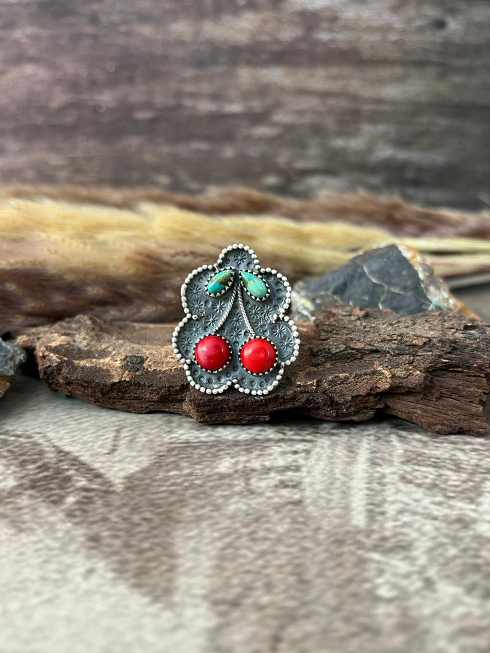 Handmade Sterling Silver Rosarita with Kingman Turquoise Adjustable Cherry Ring "Signed Nizhoni"