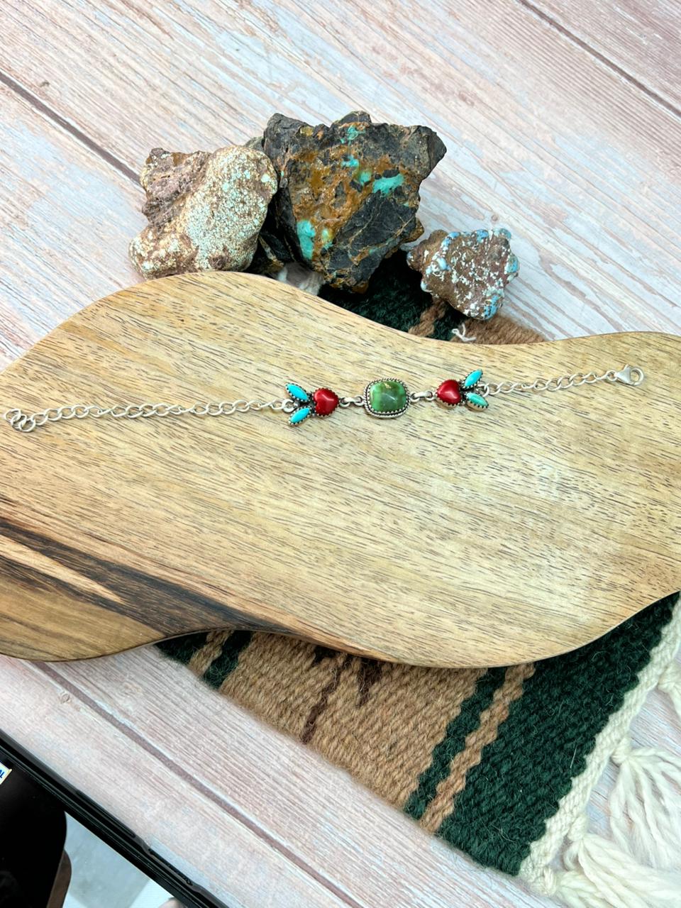 Handmade Sterling Silver Rosarita with Sonoran Mountain and Kingman Turquoise Chain Bracelet "Signed Nizhoni"