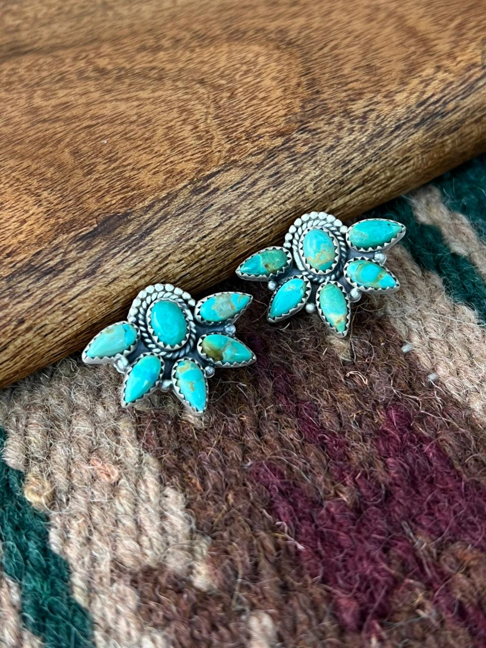 Handmade Sterling Silver Kingman Turquoise Post Studs Earrings "Signed Nizhoni"