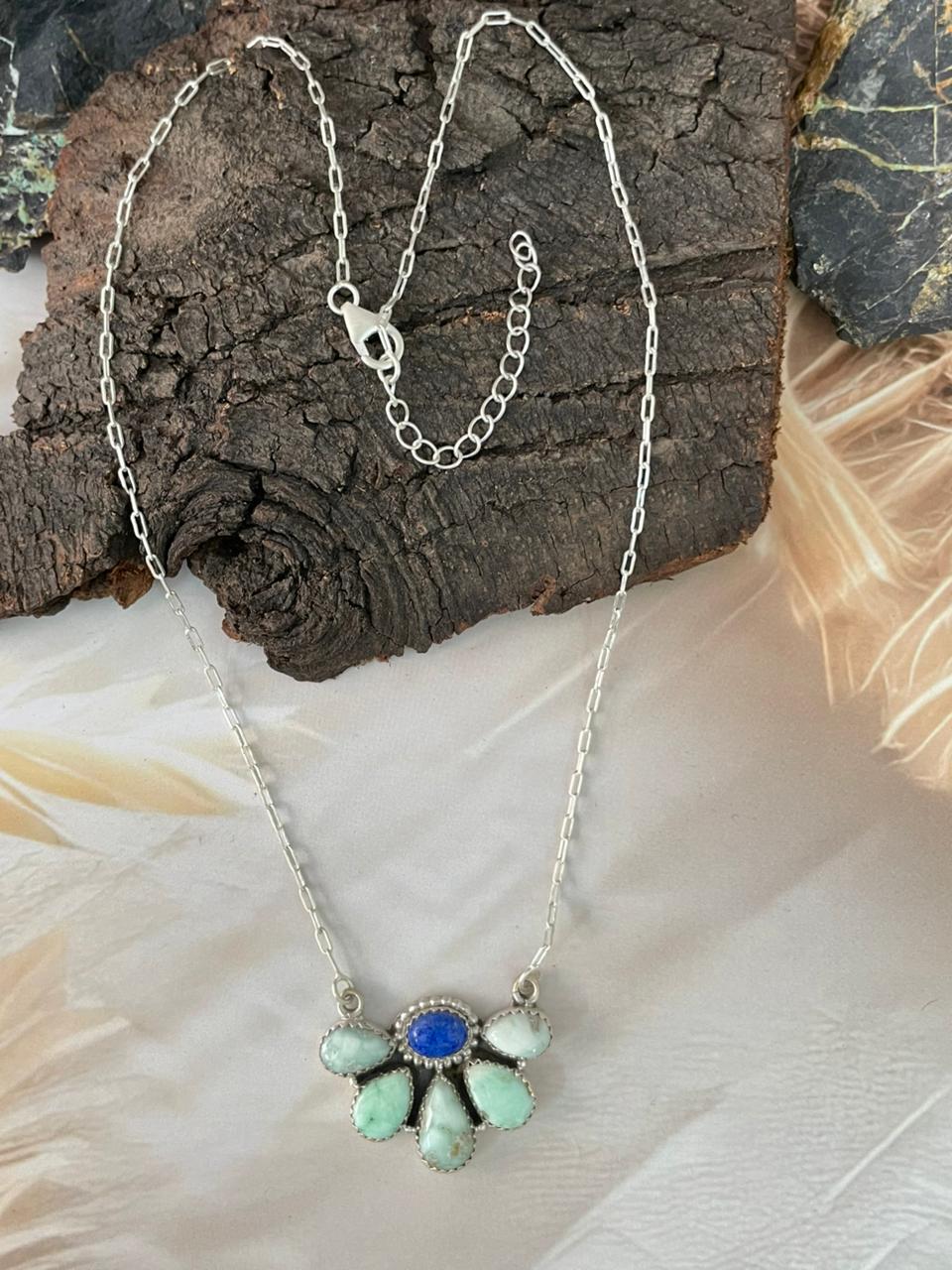 Handmade Sterling Silver Palomino Turquoise with Lapis Necklace "Signed Nizhoni"