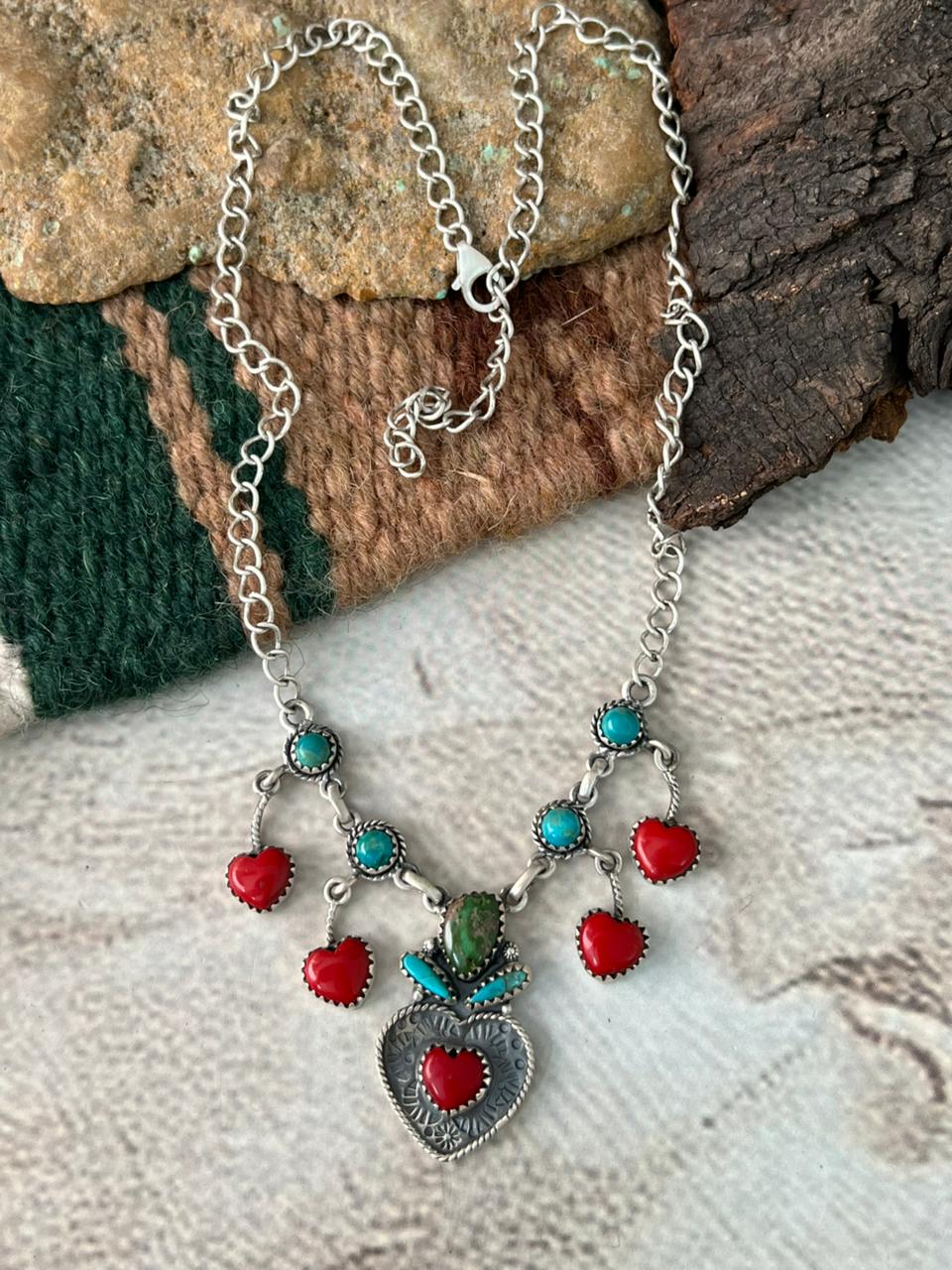 Handmade Sterling Silver Rosarita with Sonoran and Kingman Turquoise Necklace "Signed Nizhoni"