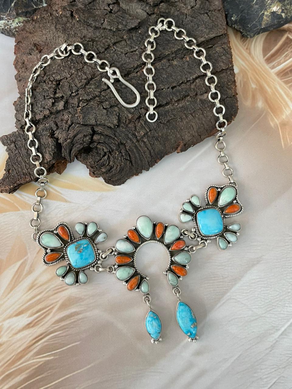Handmade Sterling Silver White Water with Orange Mojave and Paloma Turquoise Choker Naja Necklace "Signed Nizhoni"