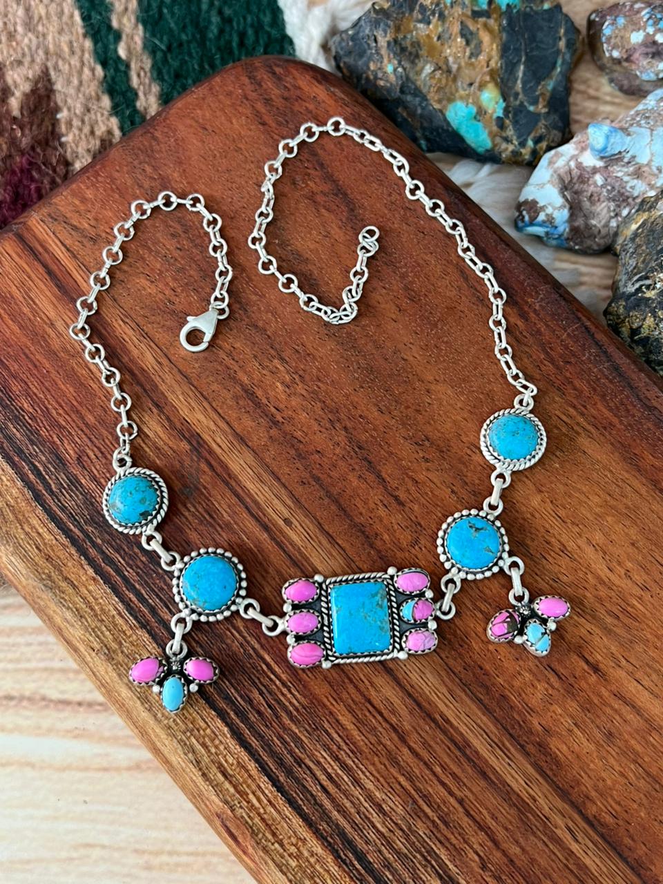 Handmade Sterling Silver Cotton Candy with Blue Kingman Turquoise Choker Necklace "Signed Nizhoni"
