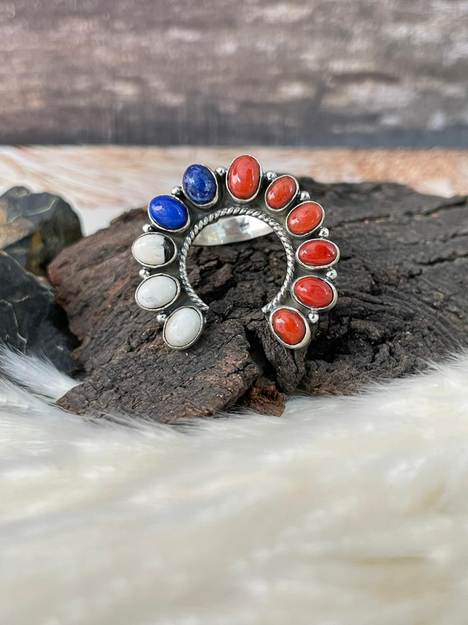 Handmade Sterling Silver 4th Of July Collection: Coral with Lapis and White Buffalo Naja Adjustable Ring "Signed Nizhoni" (3)