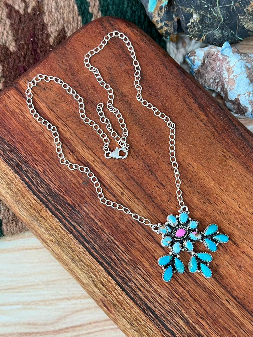 Handmade Sterling Silver Kingman Turquoise with Cotton Candy Necklace "Signed Nizhoni"