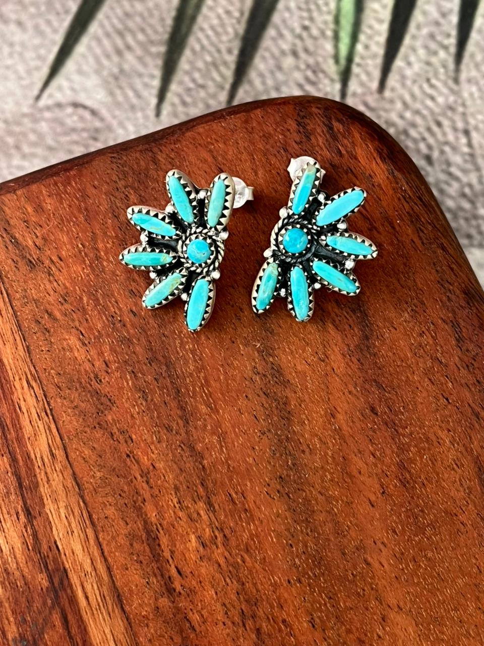 Handmade Sterling Silver Kingman Turquoise Post Studs Earrings "Signed Nizhoni"