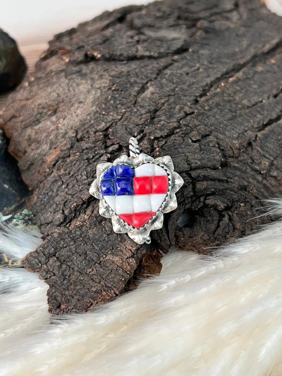 Handmade Sterling Silver 4th Of July Collection: Rosarita with Lapis and White Buffalo Heart Hat Pin "Signed Nizhoni"
