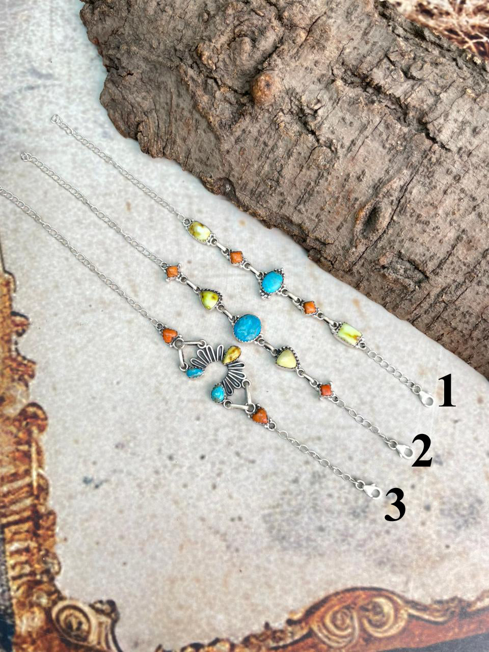 Handmade Sterling Silver Multi Stone Collection: Arizona Blue Turquoise with Orange Mojave and Palomino Turquoise Chain Bracelet "Signed Nizhoni"