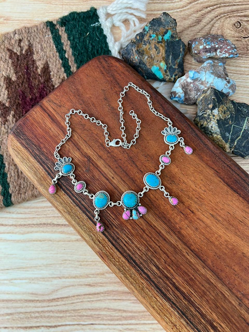 Handmade Sterling Silver Cotton Candy with Blue Kingman Turquoise Choker Necklace "Signed Nizhoni"