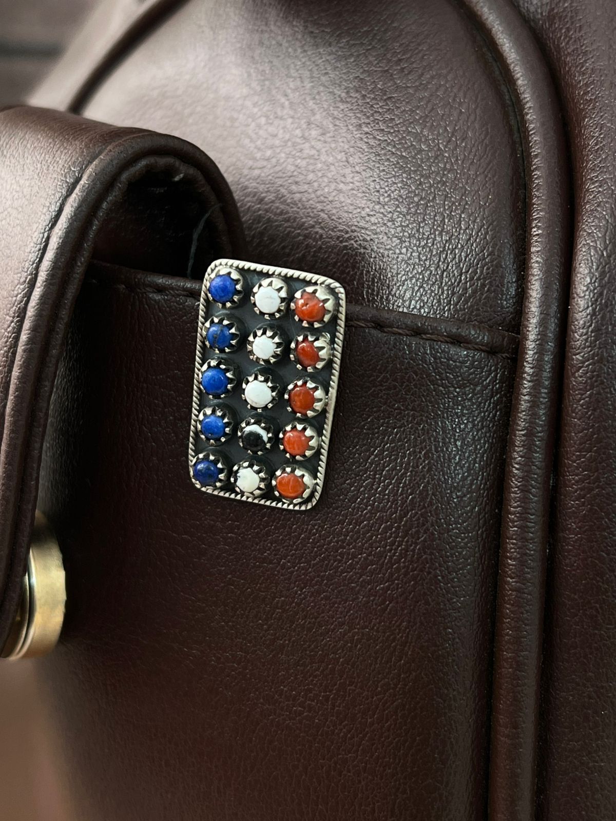 Handmade Sterling Silver 4th Of July Collection: Coral with Lapis and White Buffalo Bar Purse Pin "Signed Nizhoni"