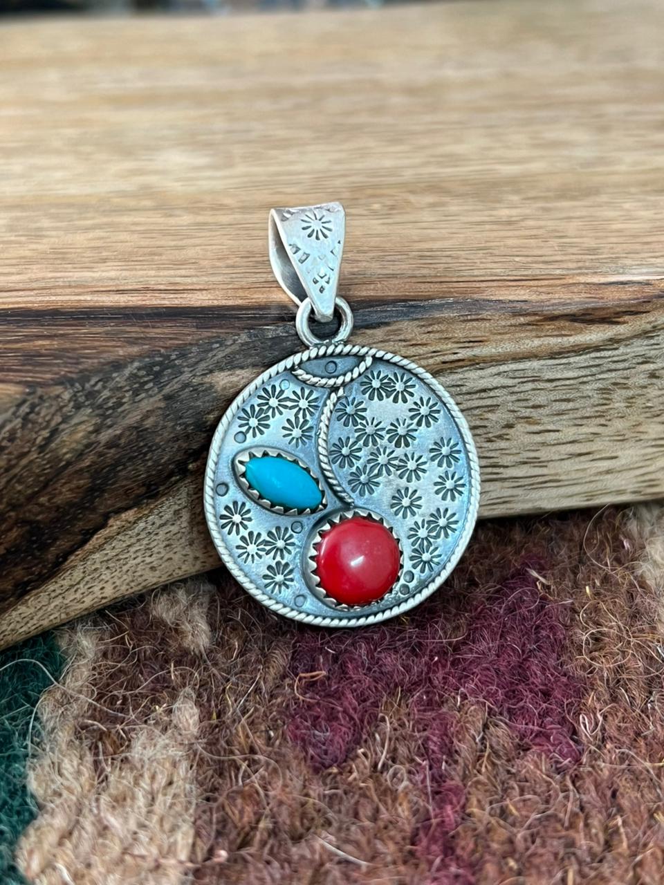 Handmade Sterling Silver Rosarita with Kingman Turquoise Cherry Pendant "Signed Nizhoni"
