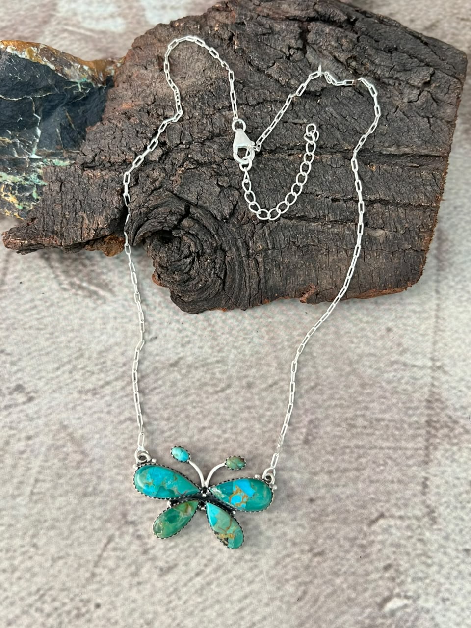 Handmade Sterling Silver Kingman Turquoise Butterfly Necklace Signed Nizhoni