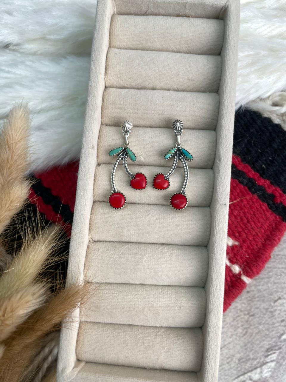 Handmade Sterling Silver Rosarita with Kingman Turquoise Cherry Post Dangle Earrings "Signed Nizhoni"