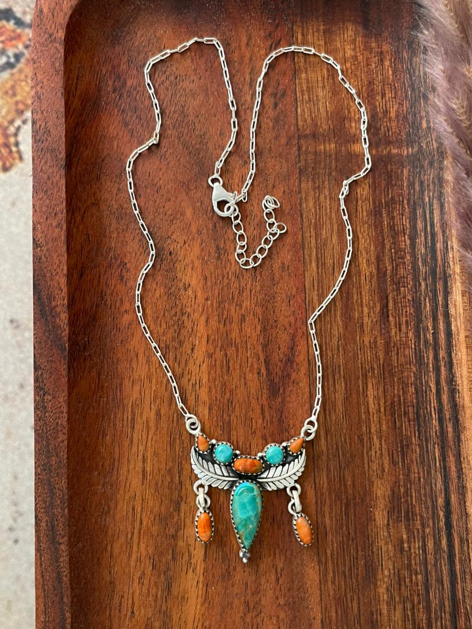 Handmade Sterling Silver Kingman Turquoise with Orange Mojave Necklace "Signed Nizhoni"