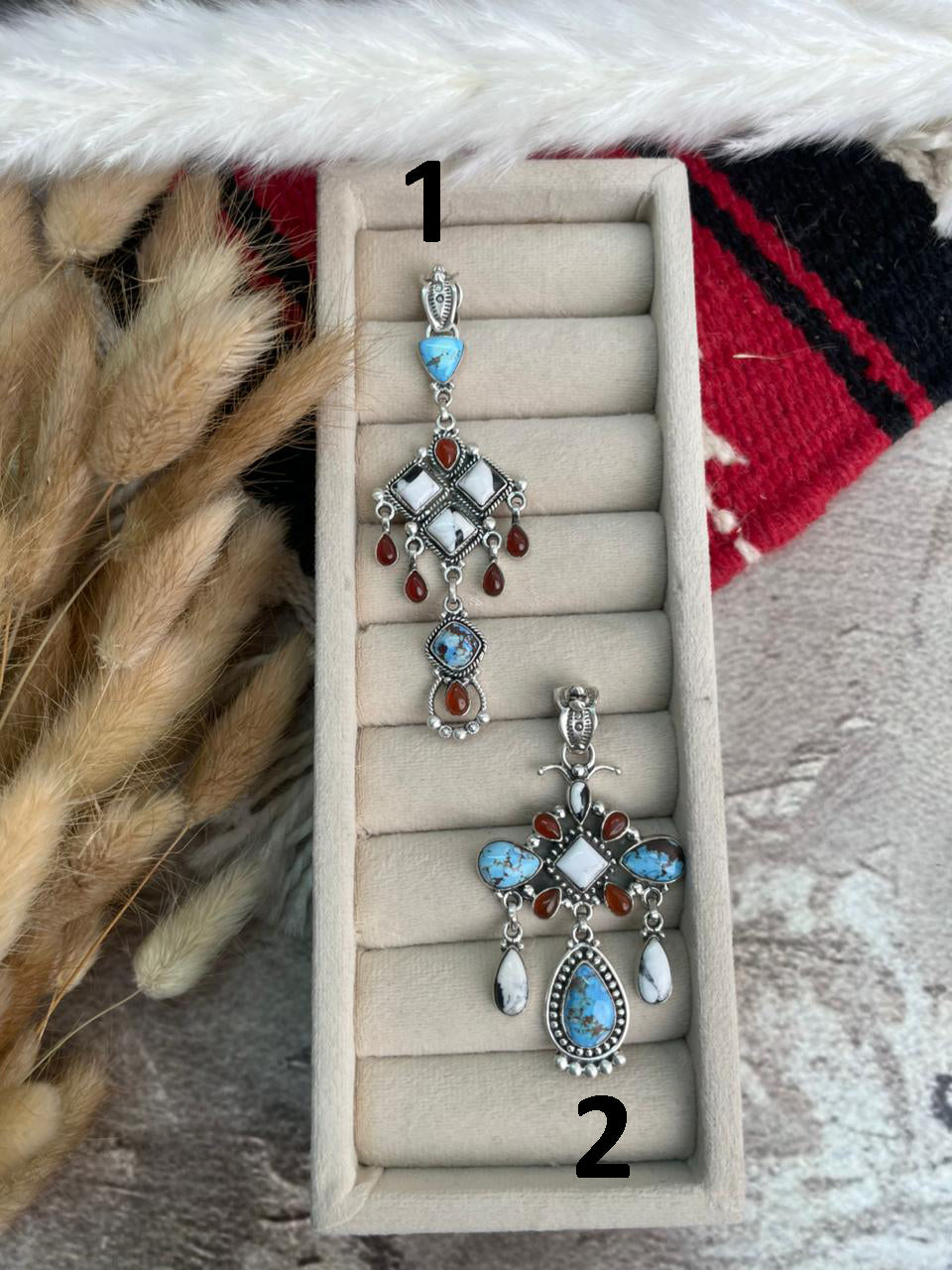 Handmade Sterling Silver Canyon Sunset Collection: Golden Hills Turquoise with White Buffalo and Carnelian Pendant "Signed Nizhoni"