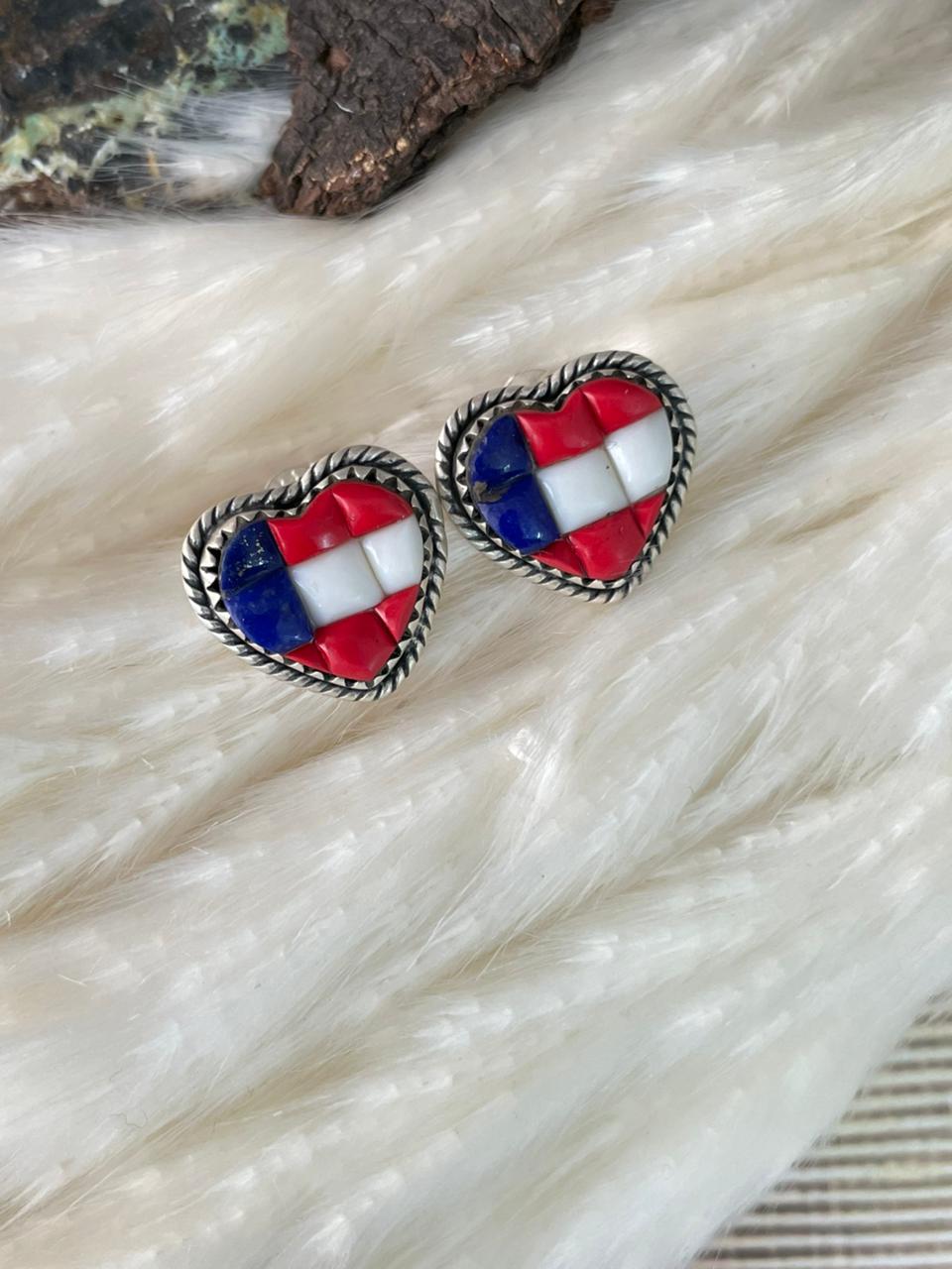 Handmade Sterling Silver 4th Of July Collection: Rosarita with Lapis and White Buffalo Post Studs Heart Earrings "Signed Nizhoni"