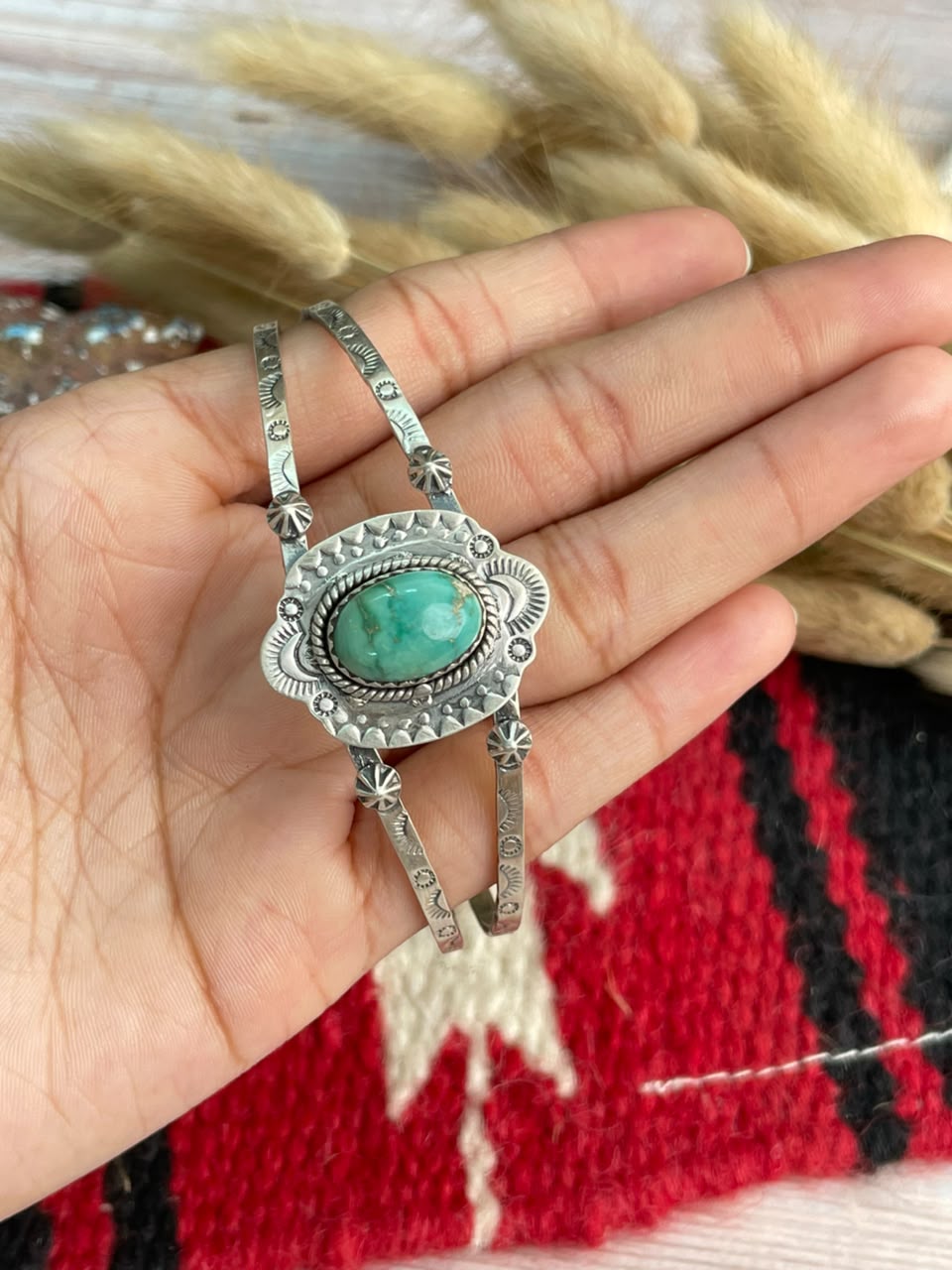 Handmade Sterling Silver Emerald Valley Turquoise Collection: Cuff Bracelet Signed Nizhoni