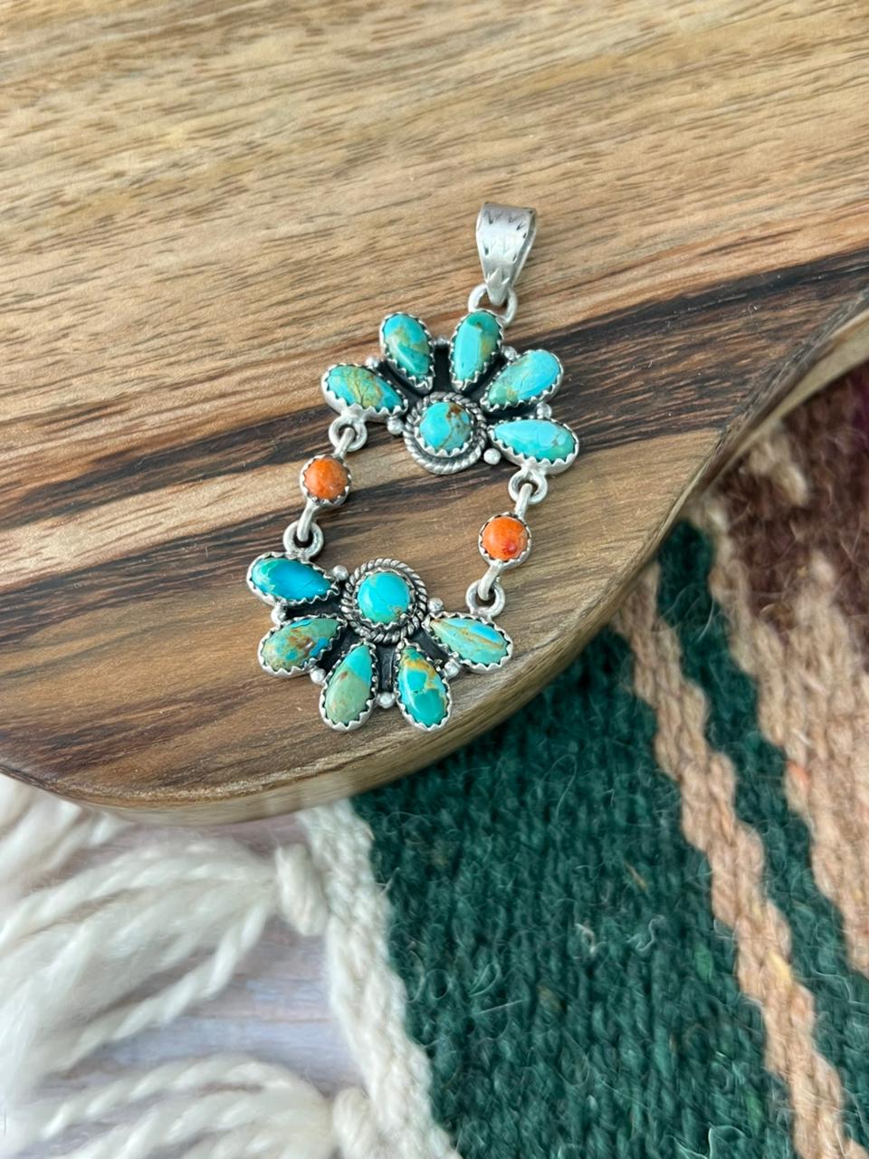 Handmade Sterling Silver Orange Mojave with Kingman Turquoise Pendant "Signed Nizhoni"